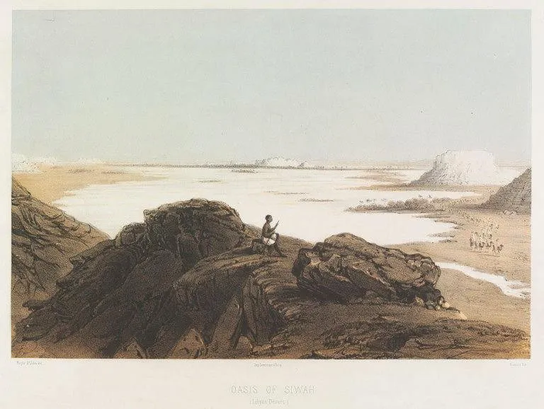 Lithograph, tinted with two tint stones, entitled 'Oasis Of Siwah (Libyan Desert)' in Egypt. Lettered with title and 'Bayle St John del. Aumont lith. Imp. Lemercier Paris'.