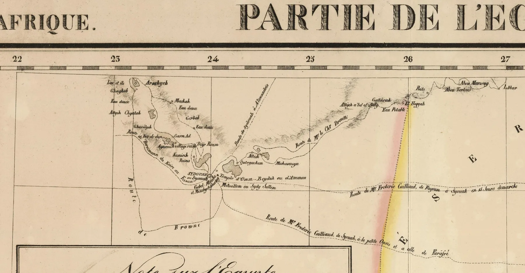 Old map with the paths of the first western travelers to discover the Siwa Oasis.