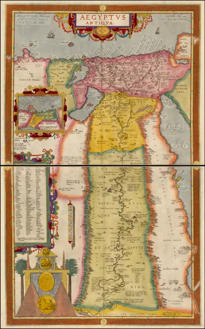 Abraham Ortelius: Aegyptus Antiqua — Gorgeous full color example of Ortelius' two sheet map of Egypt, extending from the Cataracts to the source of the Nile.
This remarkable two sheet map first appeared in 1584 and was replaced by a single sheet map in the 1595 Latin edition. The map is dedicated to the humanist and medical doctor Scipio Fabio from Bologna.
On the map appears the "Hammoniacus Nomus" and the source is Strabone (The Third Oasis). Nearby Orthelius also places the "Solis Fons"
