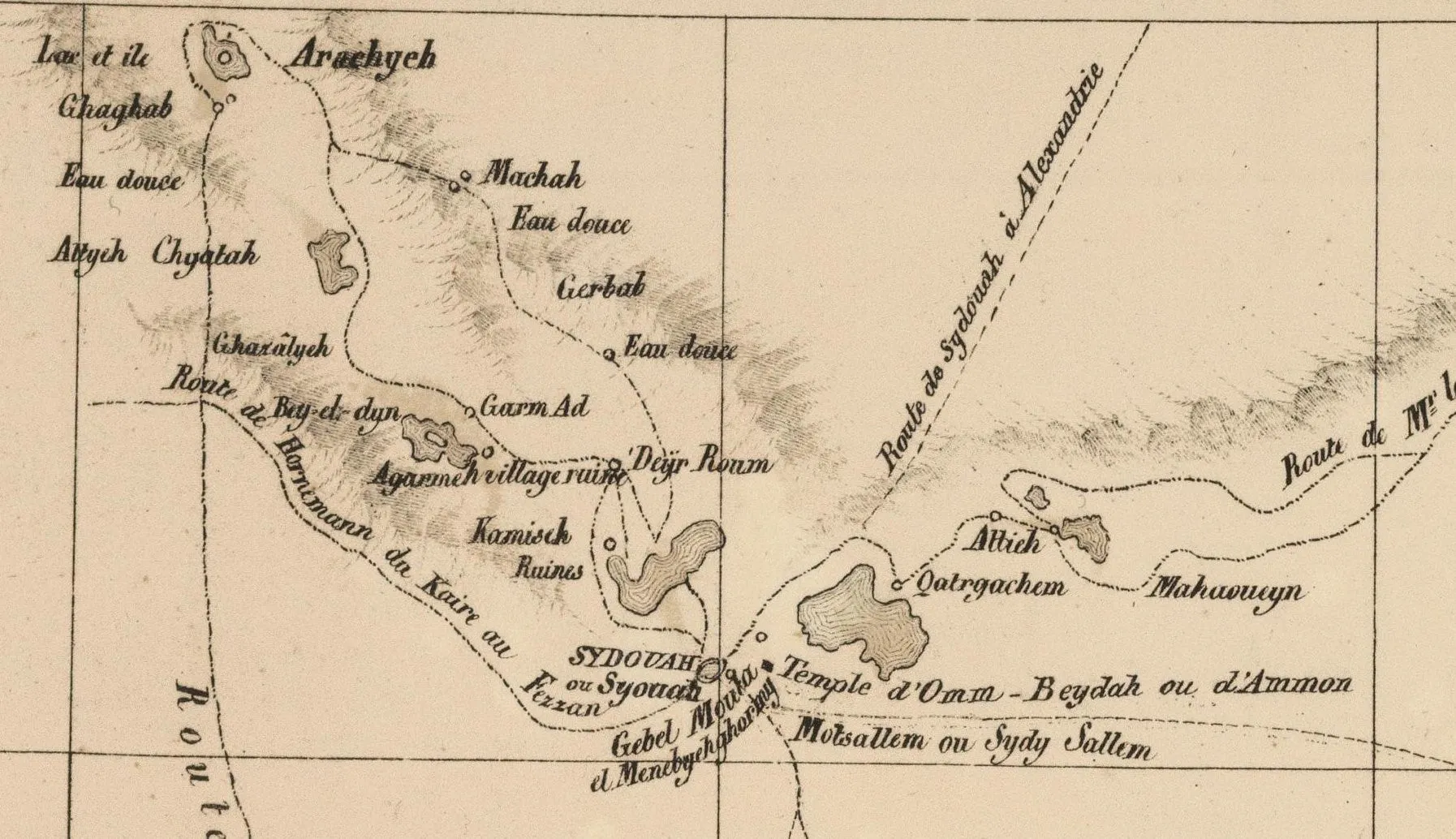 Old map with the paths of the first western travelers to discover the Siwa Oasis.