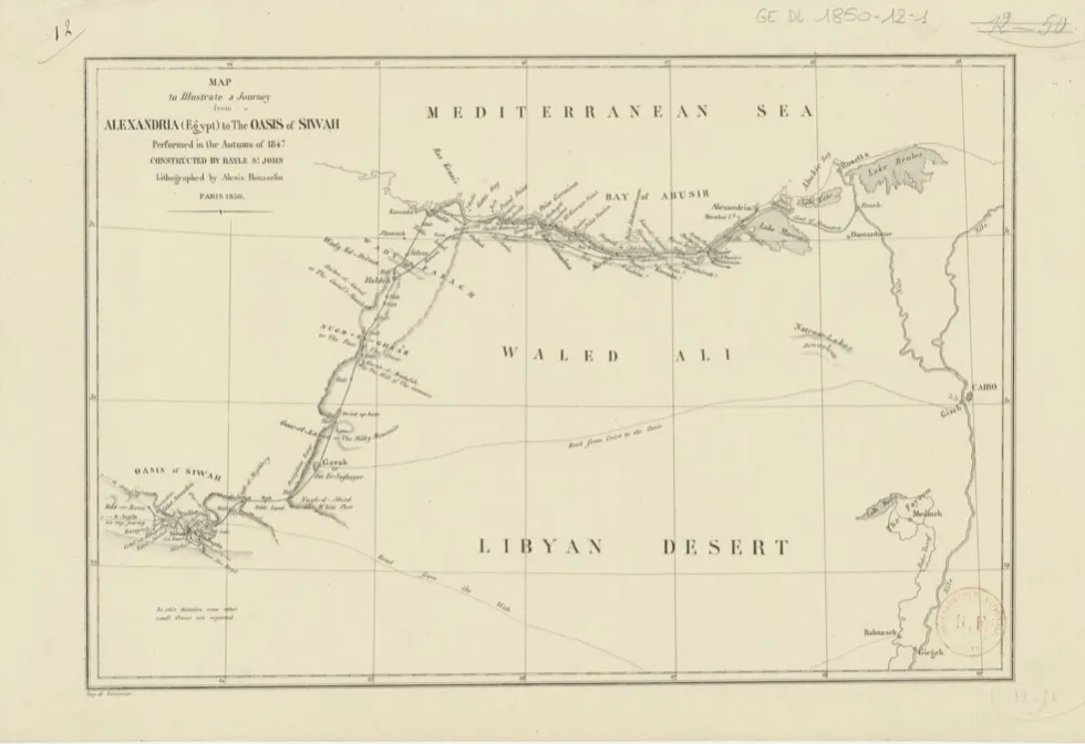 Map to Illustrate the Journey from Alexandria (Egypt) to The Oasis of Siwah Performed in the Autumn of 1847 / Constructed by Bayle St John; Lithographed by Alexis Housselin. 1850